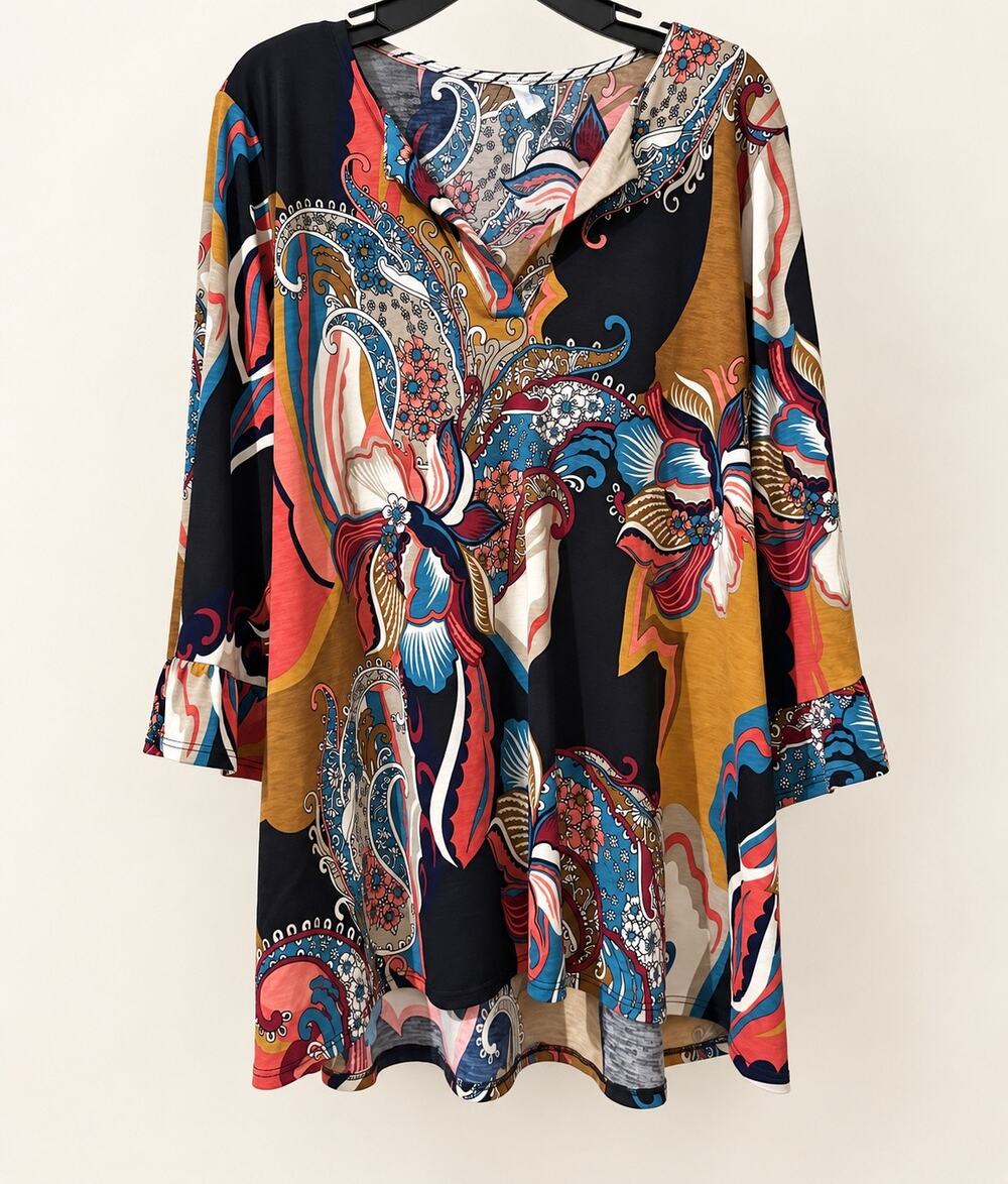 Dear Scarlett Weekender Floral Tunic Top XL Long Sleeve Plum Teal NWOT